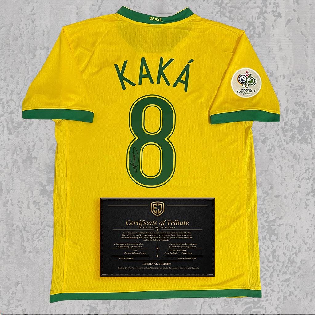 Kaká 2006 Signed Tribute Jersey | Canarinha Yellow Green Brazil Kit — printed signature tribute football shirt