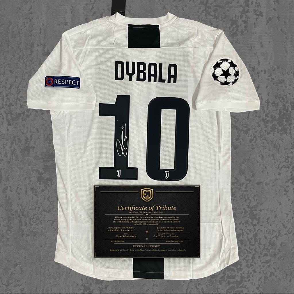 Paulo Dybala 2019 Signed Tribute Jersey | Turin White Black Kit — printed signature tribute football shirt