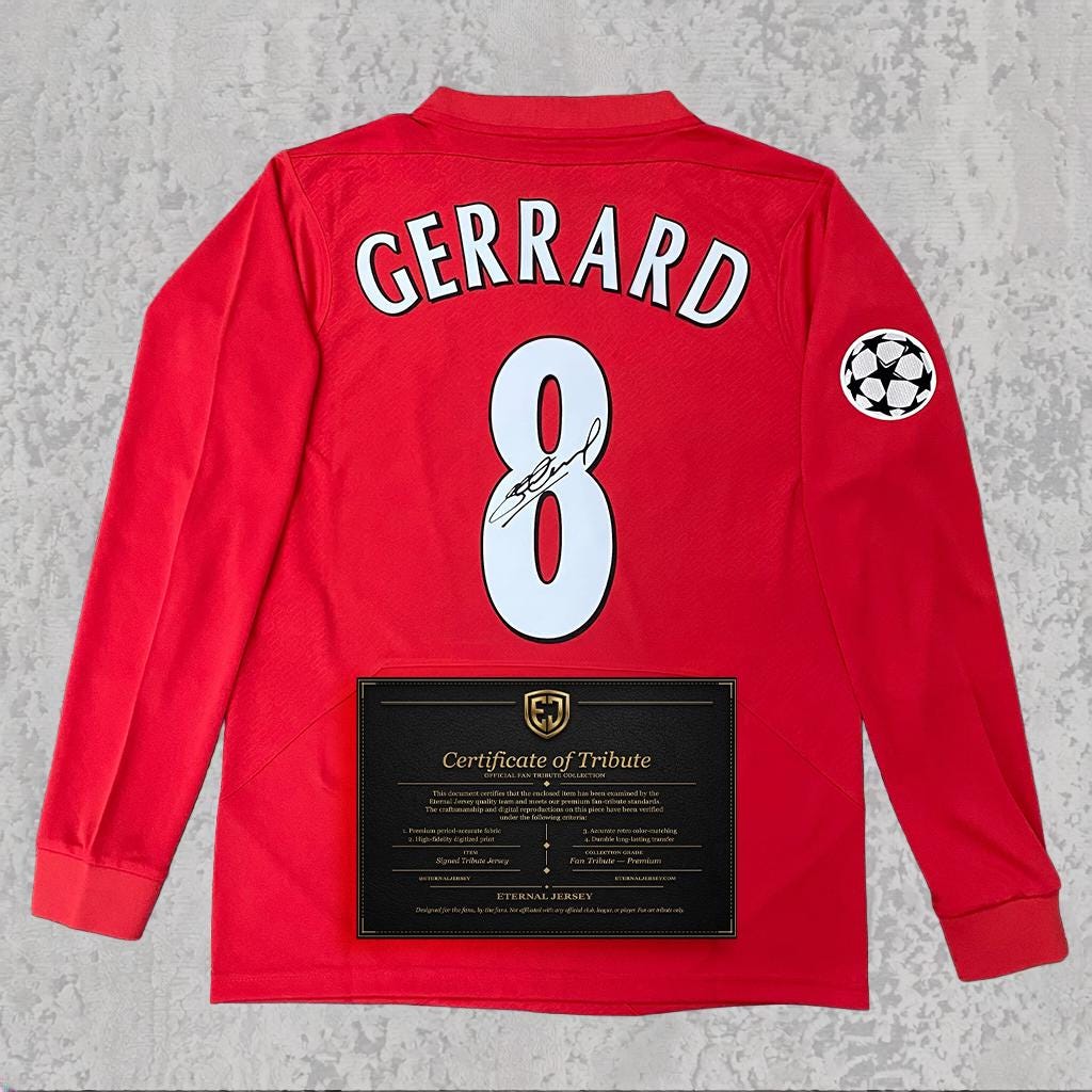 Steven Gerrard 2005 Signed Tribute Jersey | Merseyside Classic Red Kit — printed signature tribute football shirt
